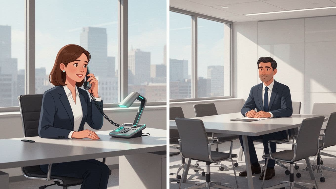 Modern split-scene illustration of an executive assistant verifying a request by calling back the executive's known number on a desk phone, while the executive attends a meeting. Clean shapes with controlled colors and green accents on phone icons, featuring exactly two people.