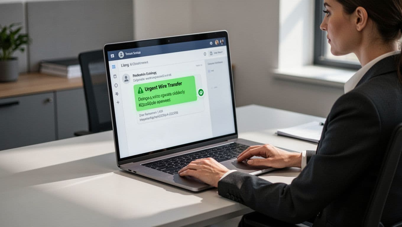 Modern illustration of an executive assistant in a professional office at a desk, viewing a suspicious phishing email on a laptop screen about an urgent wire transfer request from the CEO. Features clean shapes, controlled color palette with green accent on alert elements, strong composition, and soft office lighting.