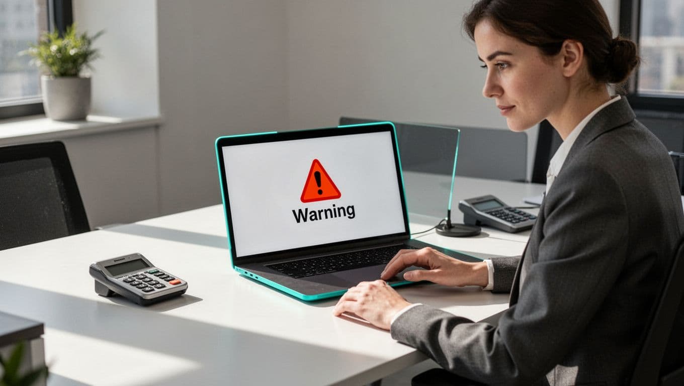 Executive assistant in modern office at desk, carefully examining suspicious email on angled laptop screen with one phone nearby, thoughtful focused expression, clean desk setup in modern illustration style with clean shapes and #22C55E accents under natural daylight.