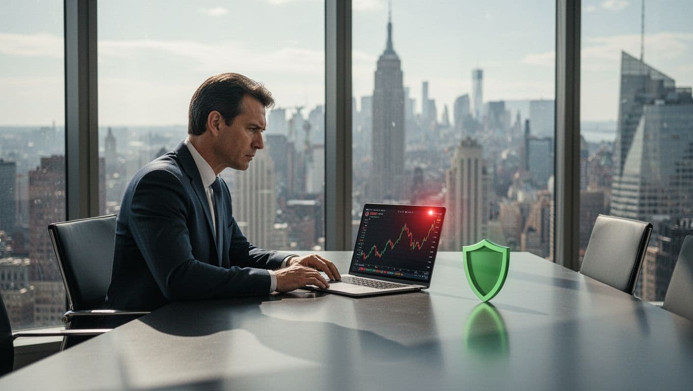 Concerned business executive at conference table views laptop with red cyber alert and falling financial charts in office background.