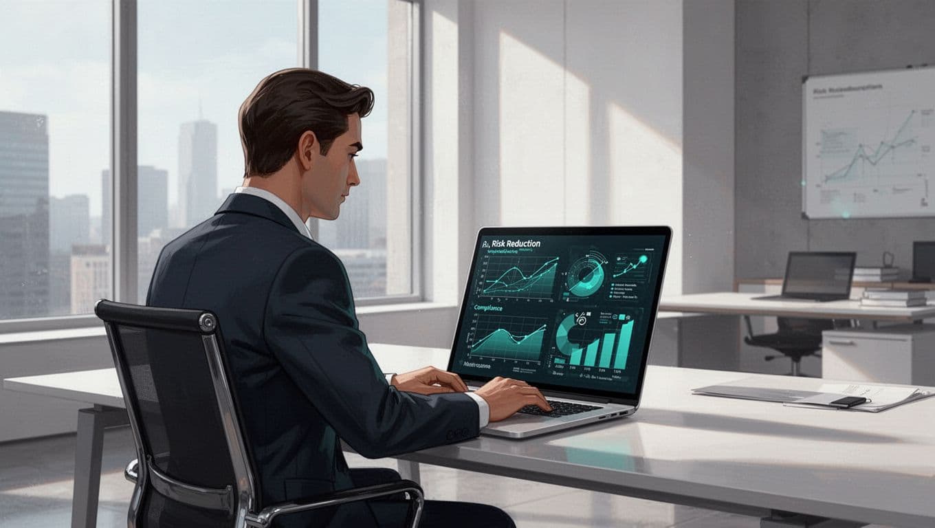 Modern illustration of a business executive in a contemporary office analyzing a cybersecurity dashboard on a laptop, displaying risk reduction and compliance metrics with positive green accents.