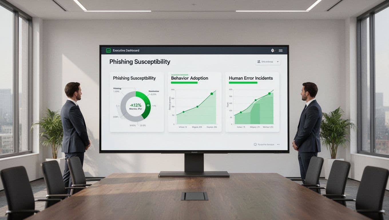 Modern illustration of a clean executive dashboard on a large screen in a boardroom, displaying charts for phishing susceptibility rate, behavior adoption score, and human error incidents, viewed by one person from afar.