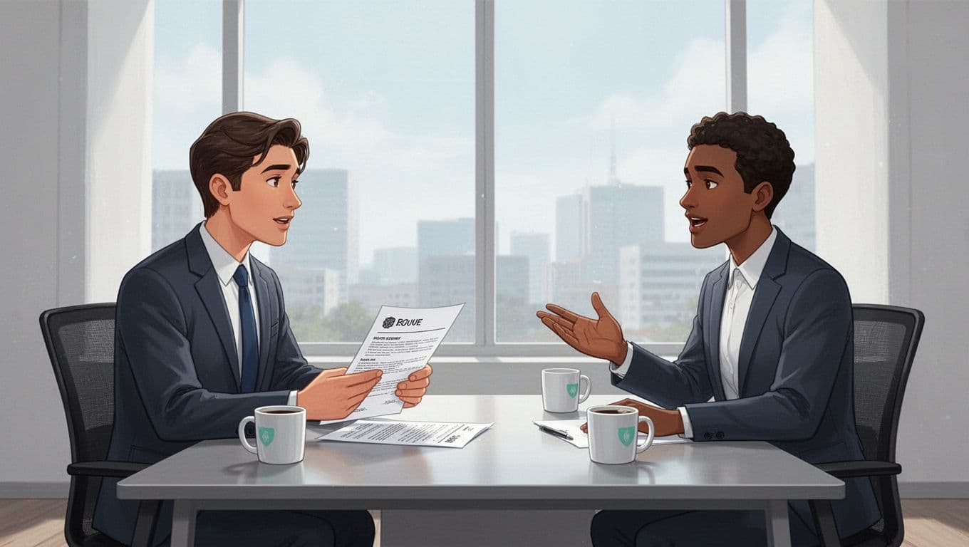 Executive in suit reviews resume across desk from candidate with relaxed hand gesture; coffee mugs on table, office window background.