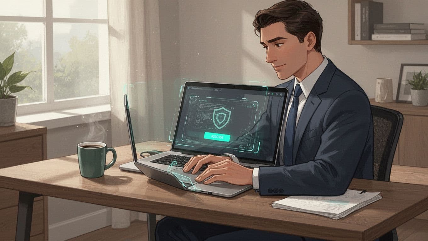 Illustration of an executive at a home desk using a MacBook with a temporary elevated admin prompt on screen for software install, subtle security overlay icons, comfortable remote work setting with coffee mug, modern clean style with green accents on approval button.