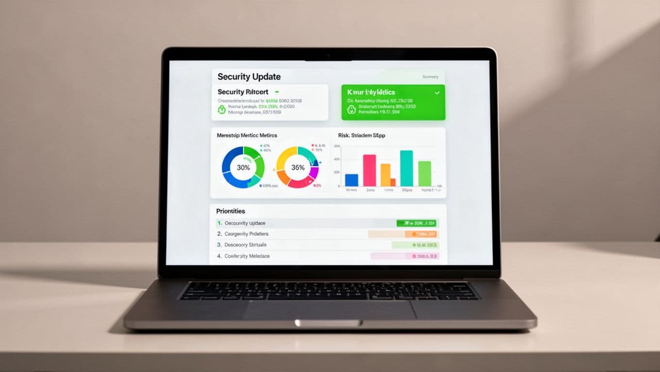 Modern illustration of a clean one-page executive monthly security report layout on a laptop screen, with summary box, metrics and risks charts, and priorities list using #22C55E accents.