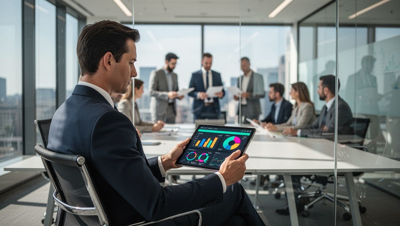 An executive in a modern conference room confidently reviews a clear security incident report on a tablet, displaying charts and summaries, illustrating the impact of effective writing on decision-making.