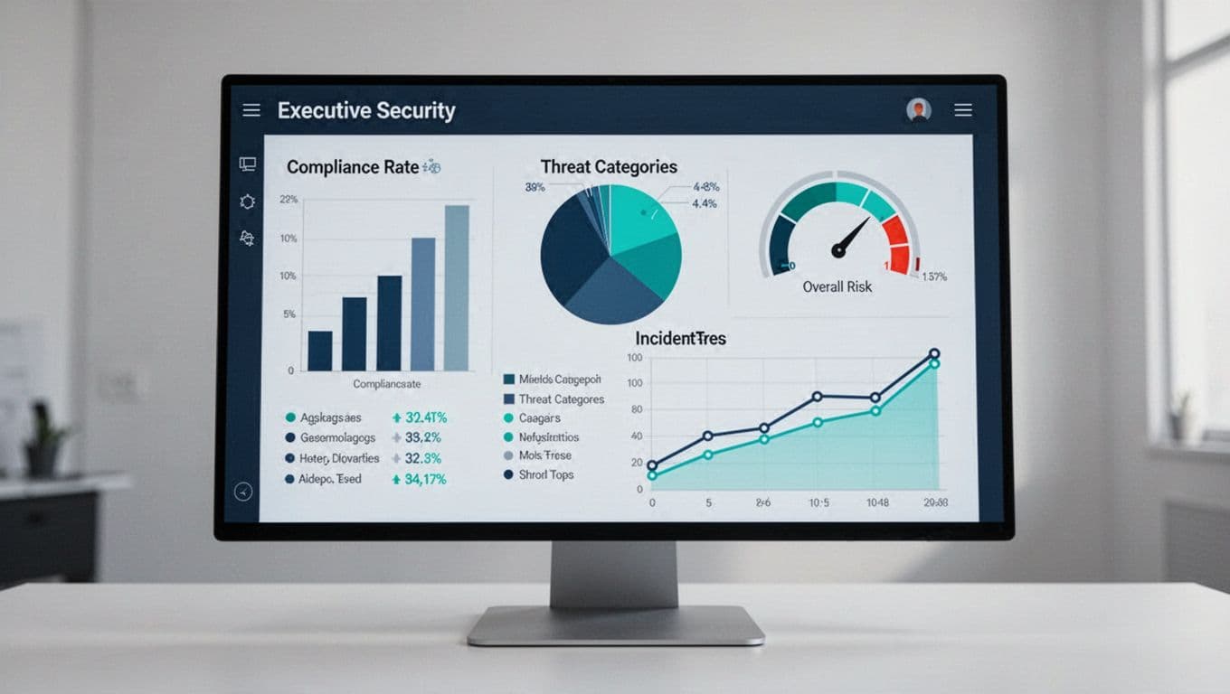 Clean modern illustration of an executive security dashboard on a large monitor, featuring bar graph for compliance, pie chart for threat types, gauge for risk score, and line trend for incidents.