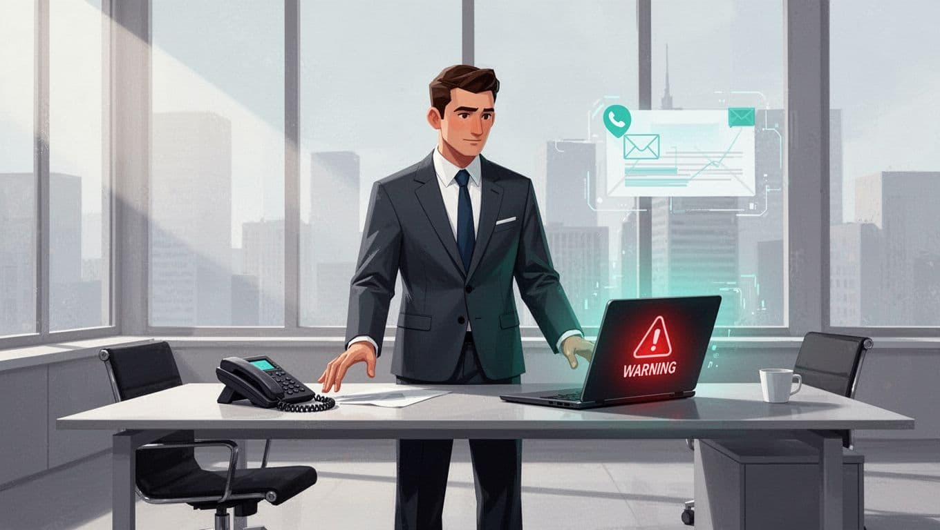 Executive in modern office sees suspicious phone call and odd email on laptop.