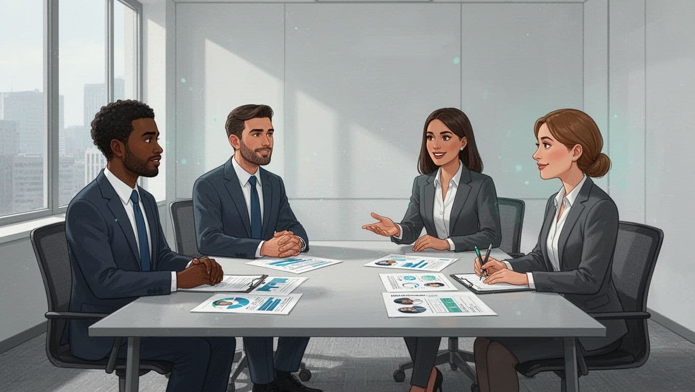 Modern illustration of a diverse executive team in a conference room discussing with a CISO headhunter, charts and profiles on the table, collaborative atmosphere.