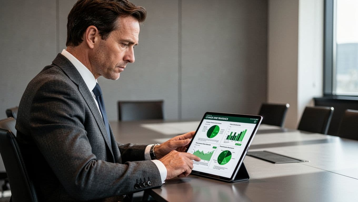 Executive reads tablet displaying risk charts during meeting.