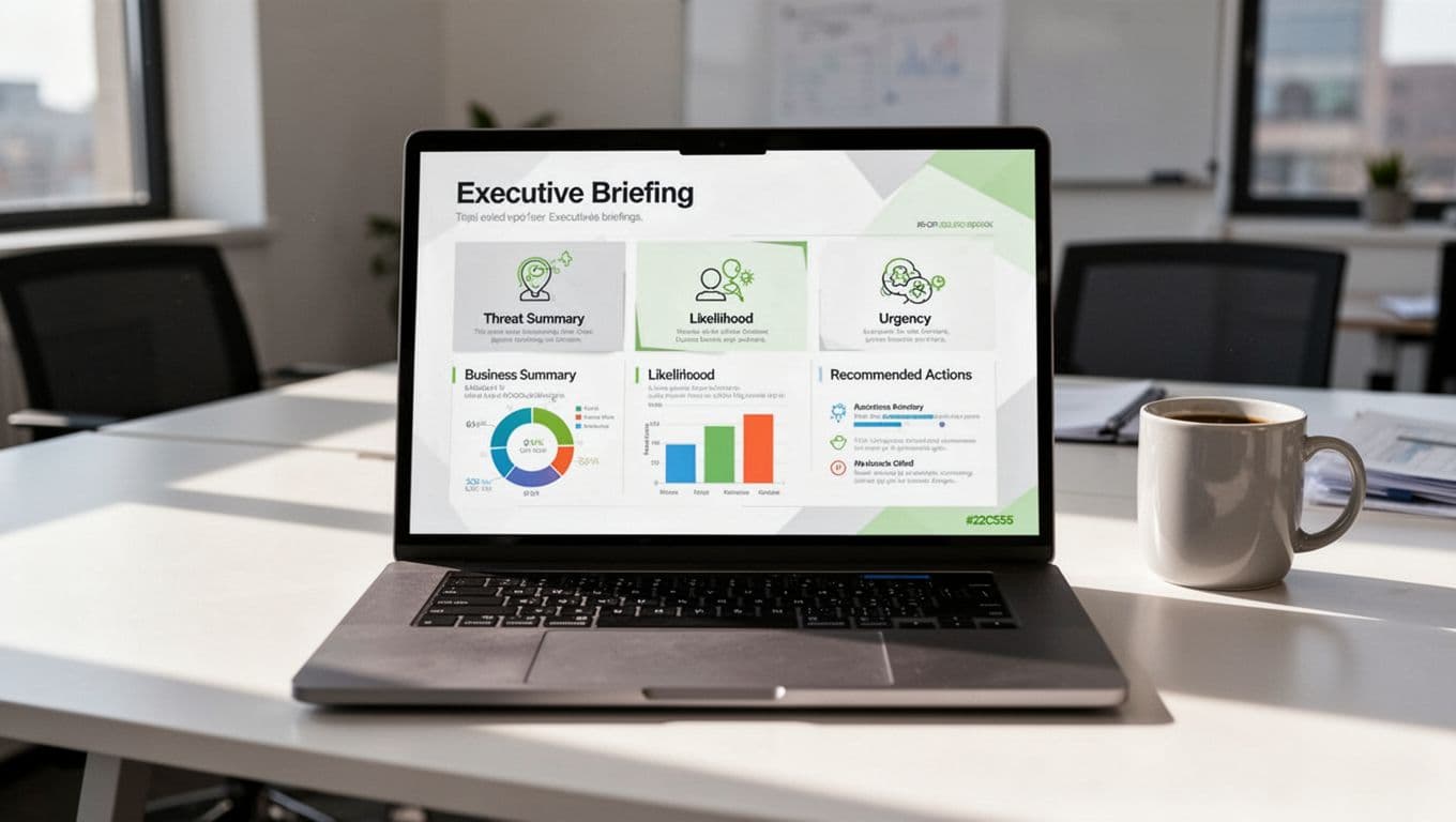 Laptop screen shows modern executive threat briefing template layout with threat summary, impact, likelihood, urgency, and actions sections using icons and charts with green accents on office desk with coffee mug.