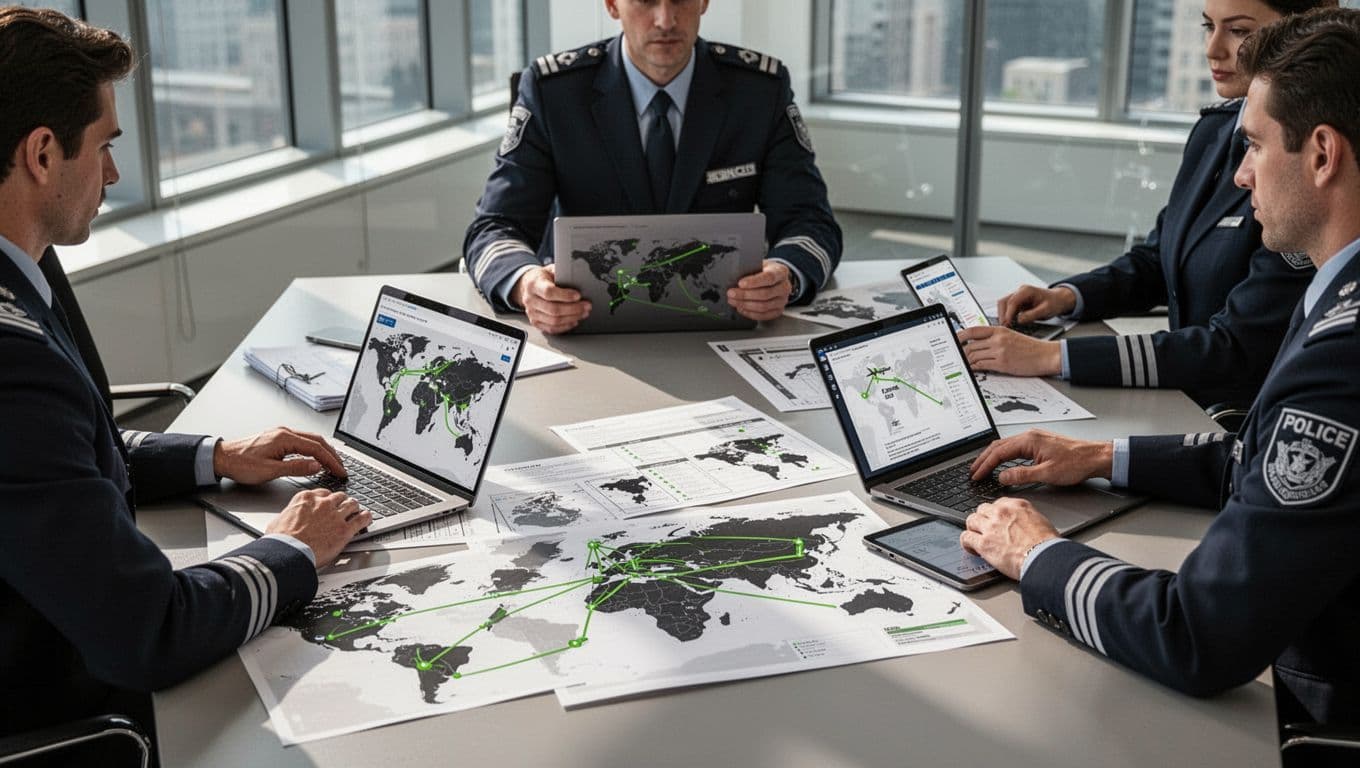 Team of three security professionals reviews travel risk maps and international destinations around a conference table in a modern office, using two laptops and one tablet. Modern illustration with clean shapes, controlled colors, and green accents on maps and highlights.