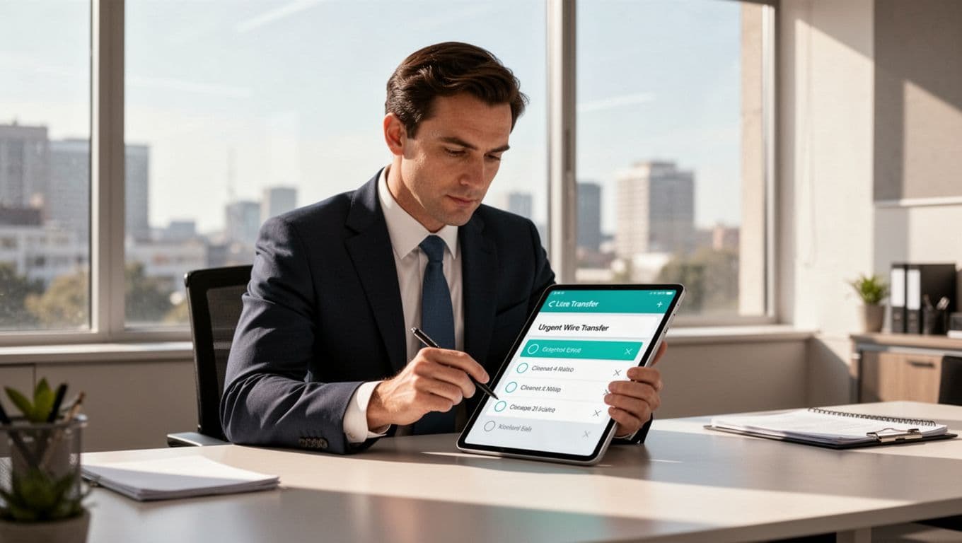 Executive in office pauses over tablet checklist to verify urgent wire transfer request.