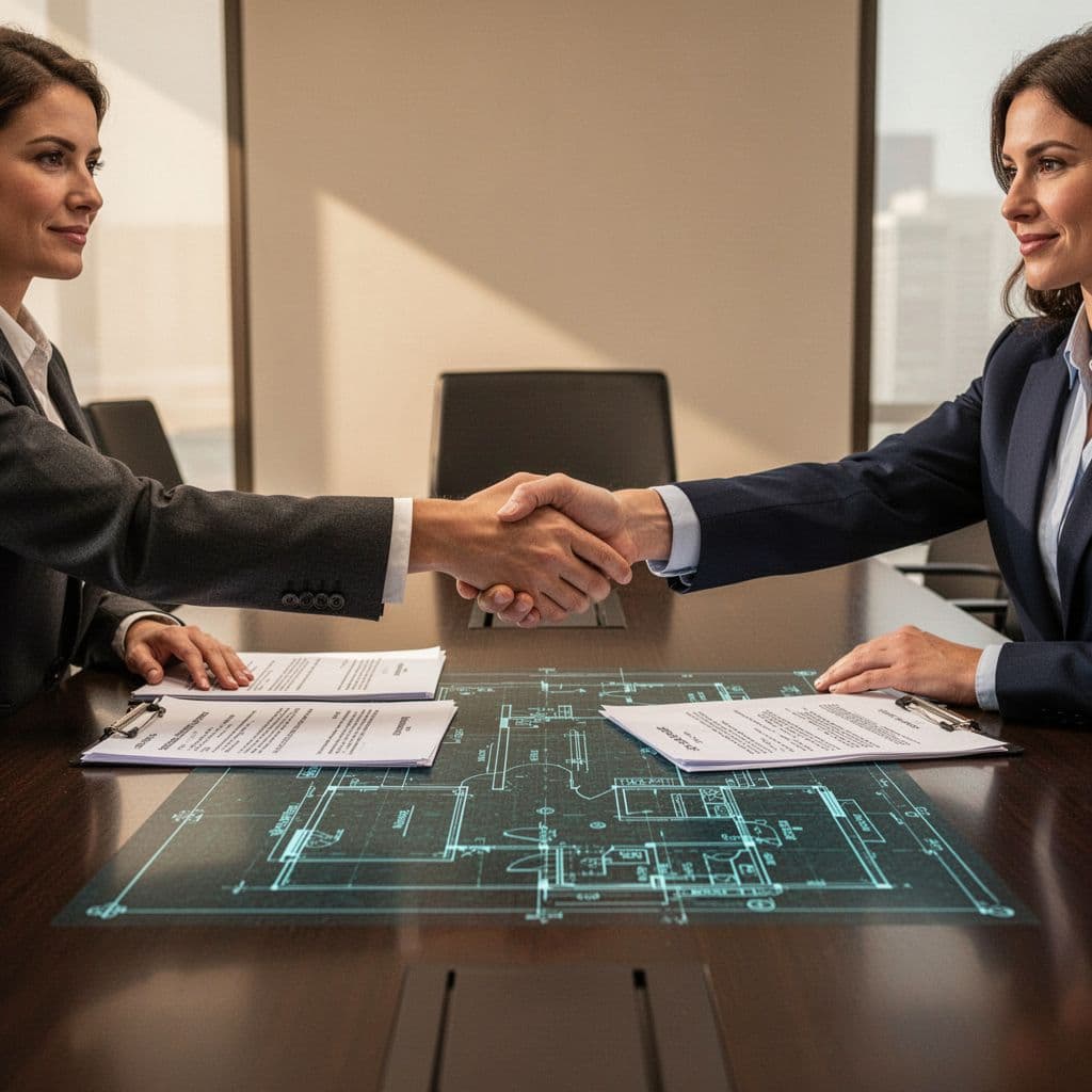 Modern illustration of two executives, one from a company and one from a recruitment agency, shaking hands over a table with contract papers and a security blueprint, capturing the agreement moment in a warm conference room.
