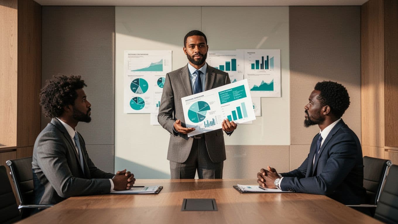 Modern illustration featuring four diverse executives in a professional boardroom setting, one standing and presenting a report with green-accented charts to three seated board members. Warm lighting and relaxed hands create a strong, engaging composition.