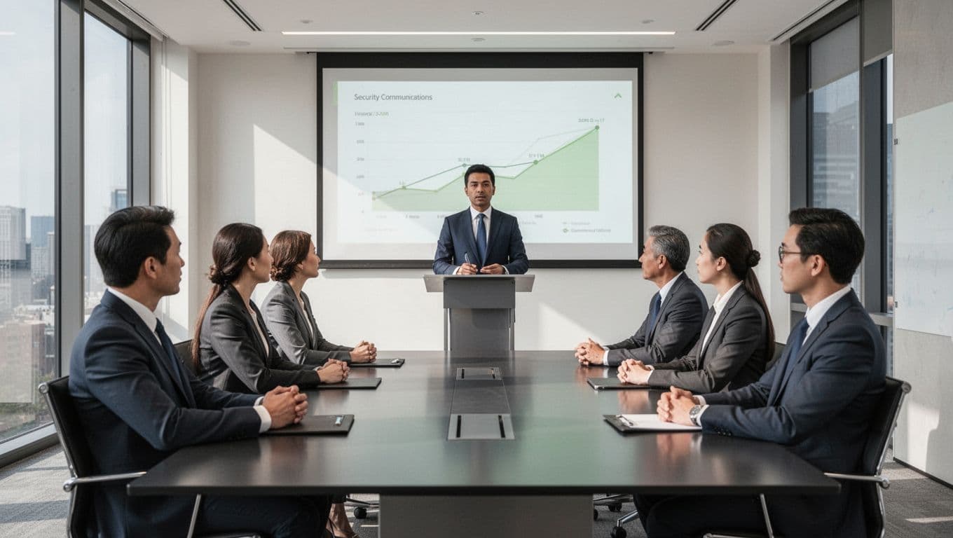 Modern illustration of five executives in a boardroom receiving a confident briefing from a security communications lead at a podium with a projected slide featuring clean shapes and green graph accents under professional lighting.