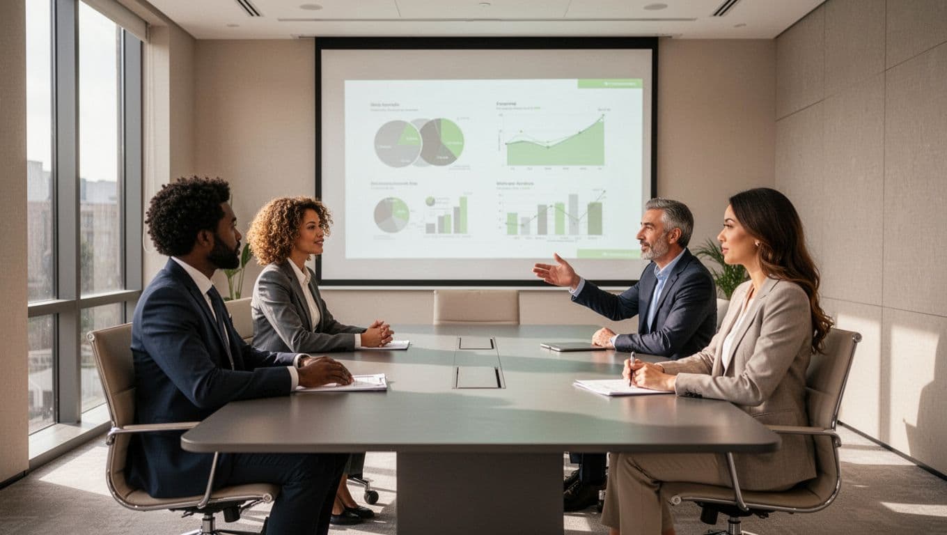 Four diverse executives around conference table view projected security dashboard with green trend highlights.