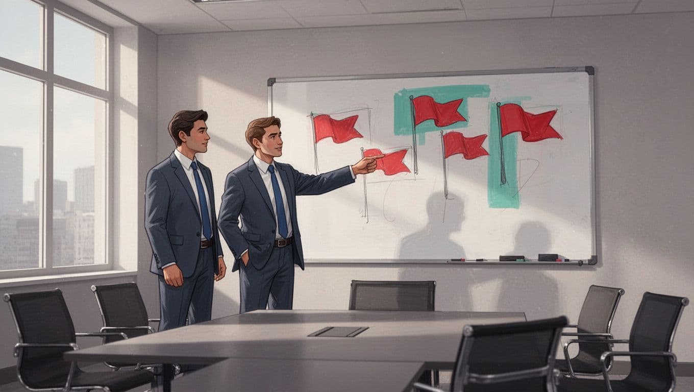 Three executives in a conference room point relaxed hands at red flag icons on a whiteboard.