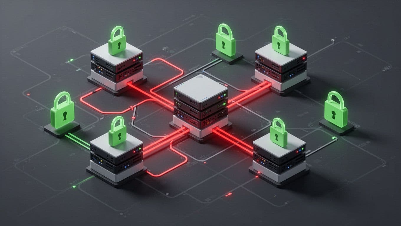 Isometric server diagram with red paths to admin logins and green safe locks nearby.