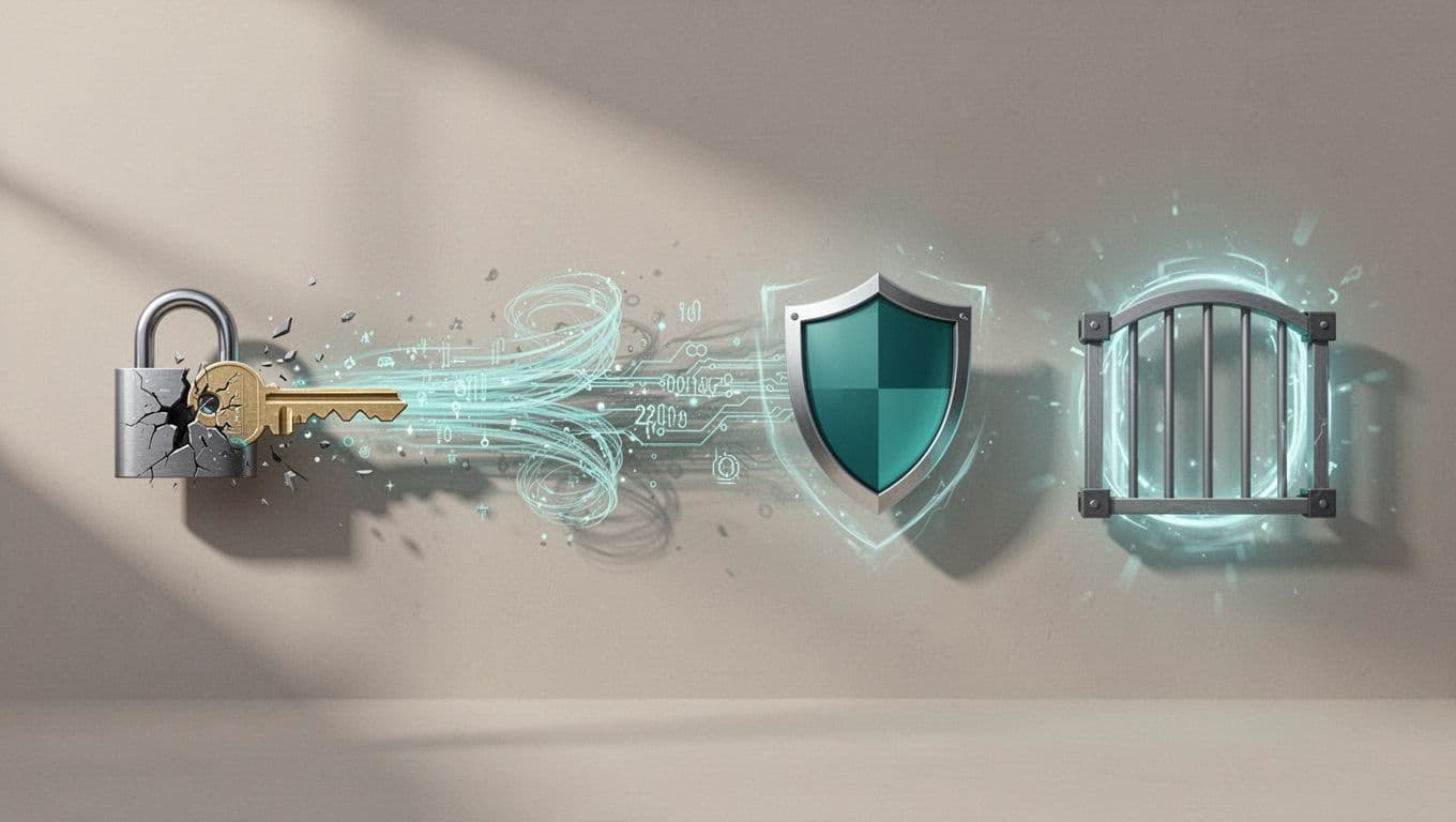 Modern illustration of remediation workflow icons in horizontal sequence: revoke key, generate new key, scrub git history, enable protections, featuring clean shapes with #22C55E accents and strong composition.