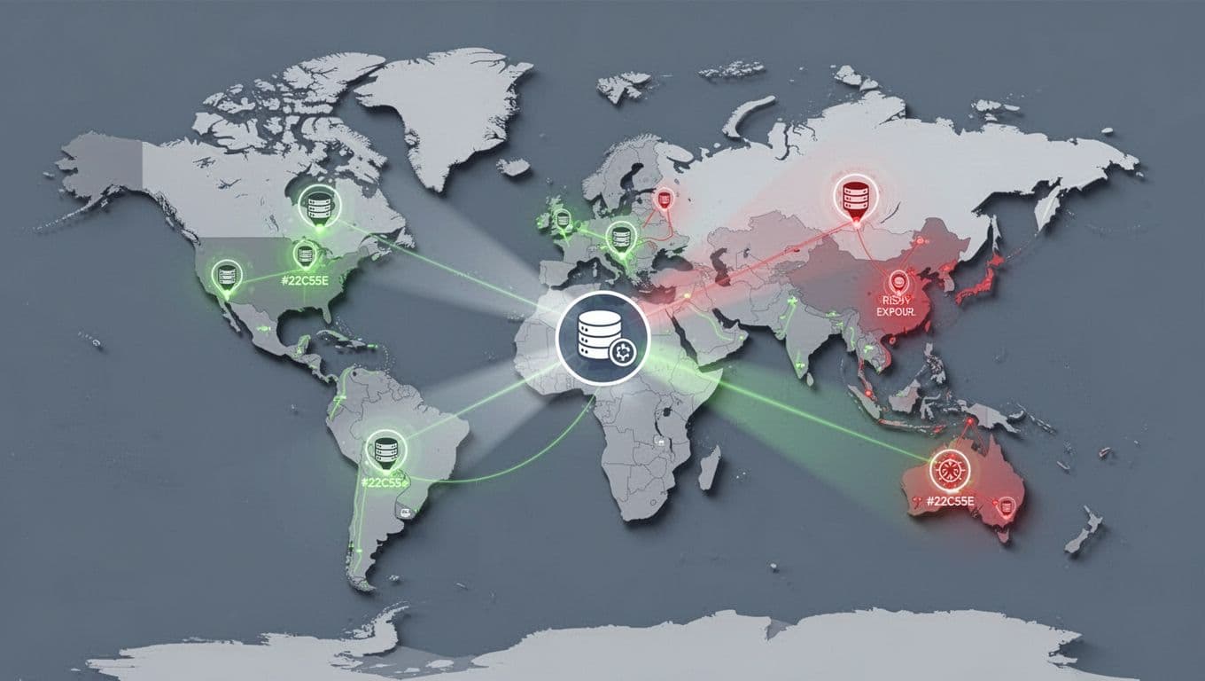 Stylized world map with red-highlighted nodes for exposed servers linked by data lines and green scanning beams from central security dashboard.