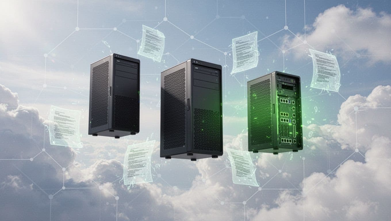 Modern illustration of a cloud network in a digital sky with a staging server cluster, one server exposed showing open ports and glowing green warning icons, leaked file icons floating nearby.
