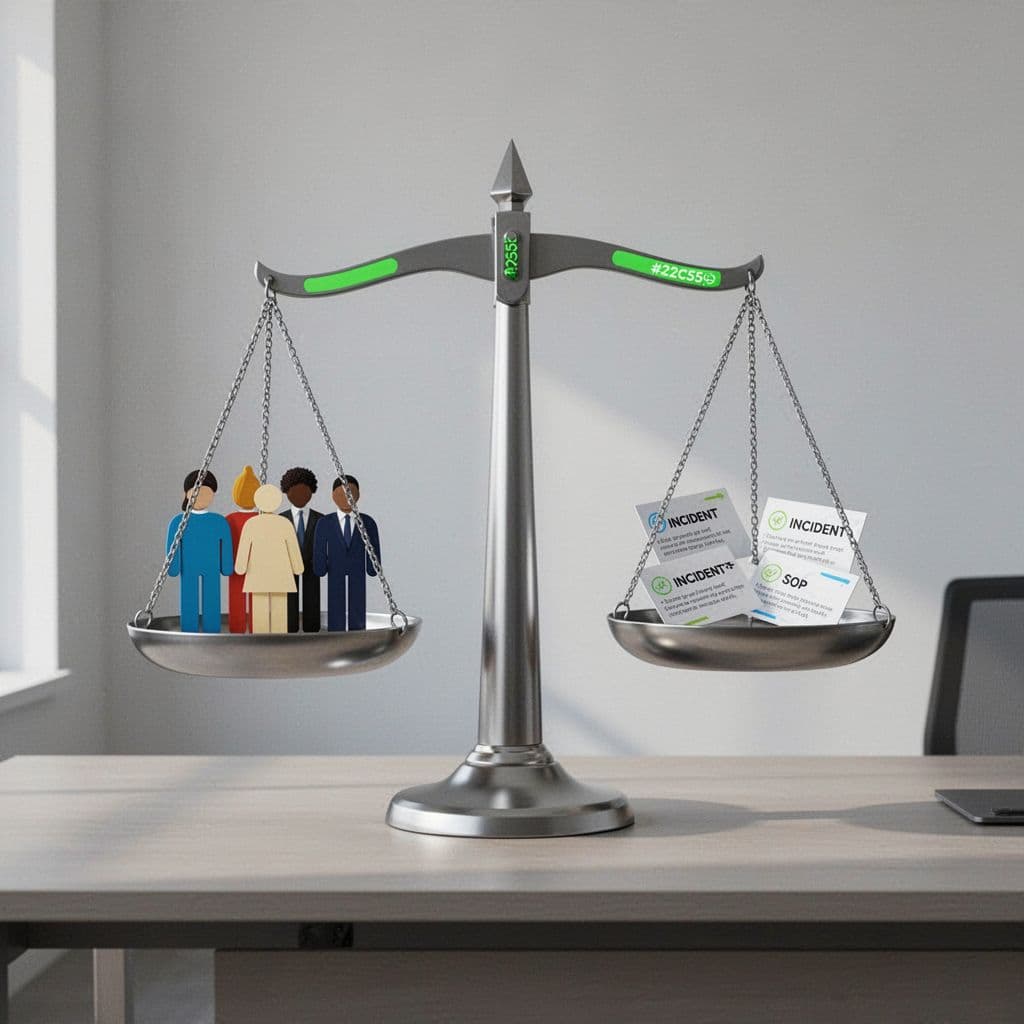 Modern illustration of a balanced scale representing fair hiring, one side with diverse candidate symbols and the other with incident scenario cards, against a neutral office background with clean shapes and green accents.