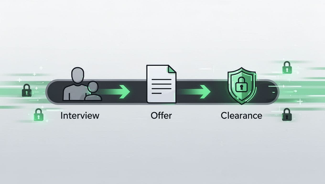 Horizontal timeline graphic with interview, offer, and clearance icons speeding along path with locks and green-accented arrows.