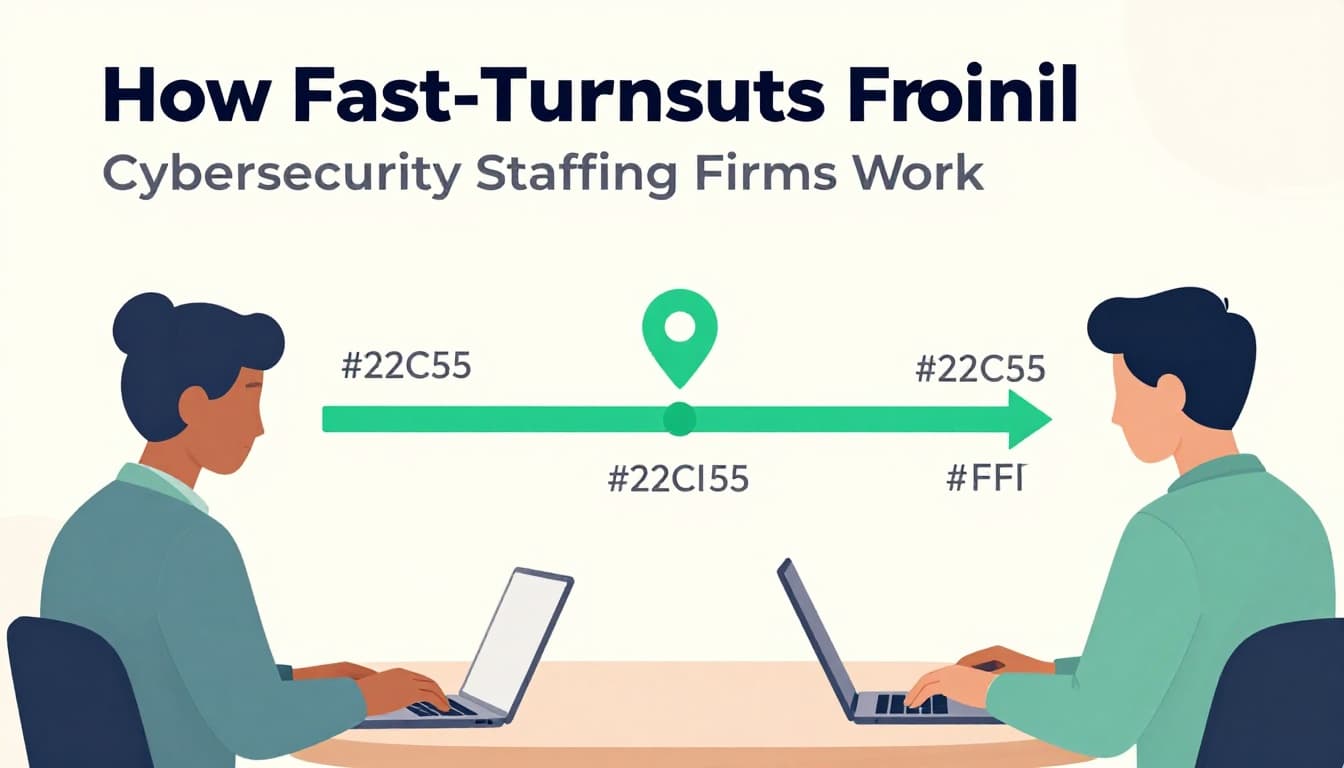 Modern illustration of a recruiter in a professional office quickly reviewing cybersecurity resumes on a laptop, featuring a timeline of rapid steps from sourcing to placement with green accent highlights.