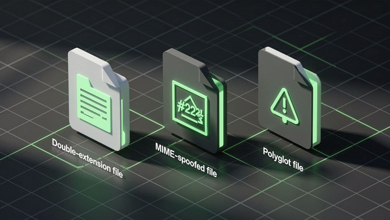Isometric grid with three file icons showing double extension, MIME spoofing, and polyglot bypass methods.