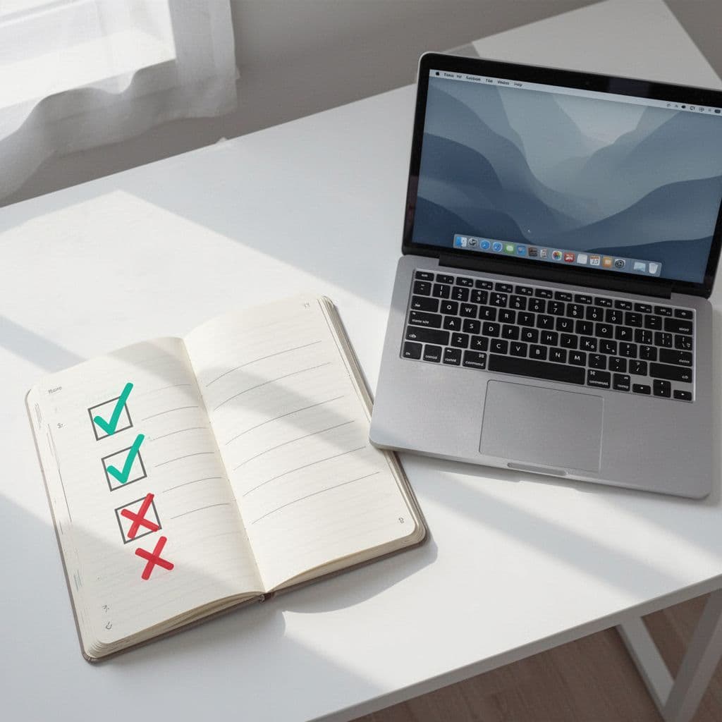Top-down view of notepad checklist for file upload security beside computer in bright workspace.