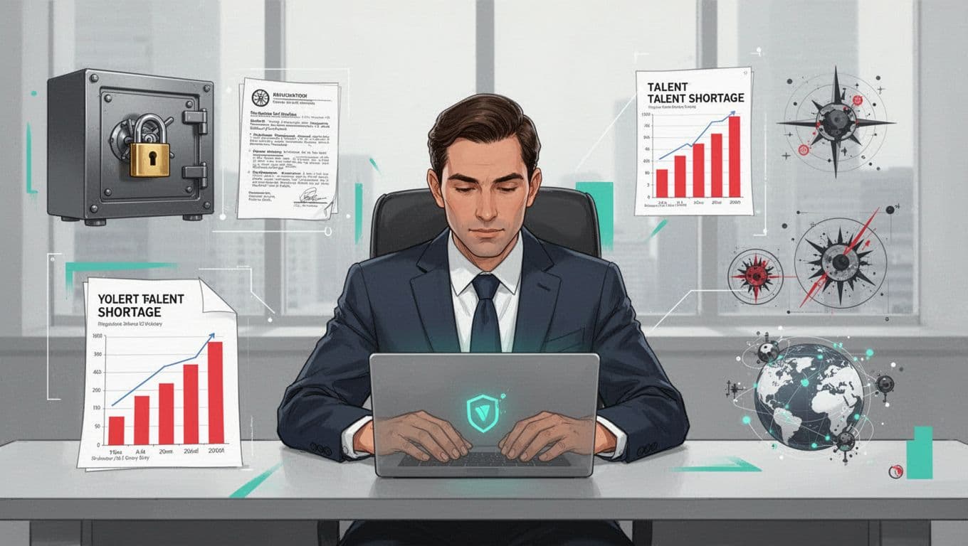Modern illustration featuring a financial executive at a desk with a laptop, surrounded by icons of locked vaults, regulatory documents, red talent shortage graphs, and global threats, centering on hiring obstacles.