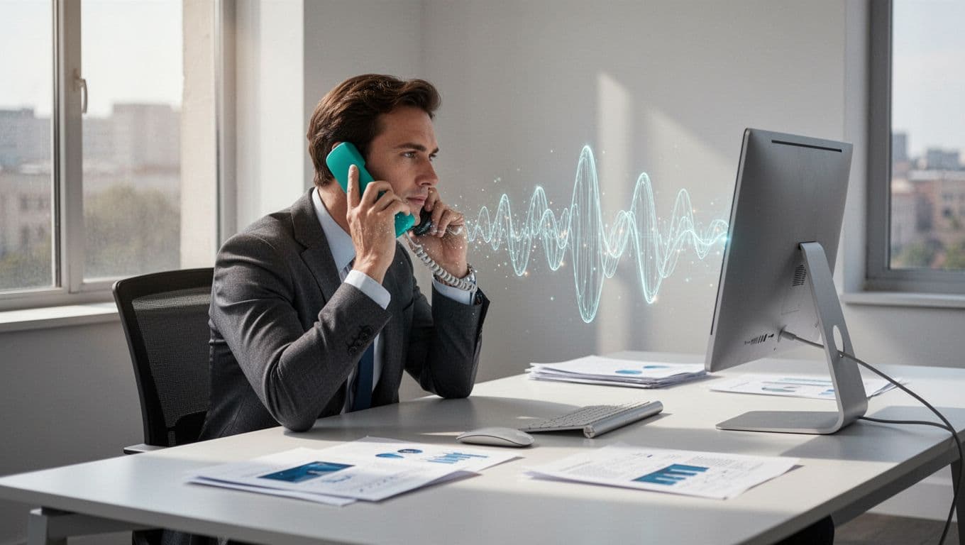 Modern illustration of a finance professional at a desk receiving a suspicious phone call with subtle audio waveform distortions around the phone, in an office setting with computer and documents.