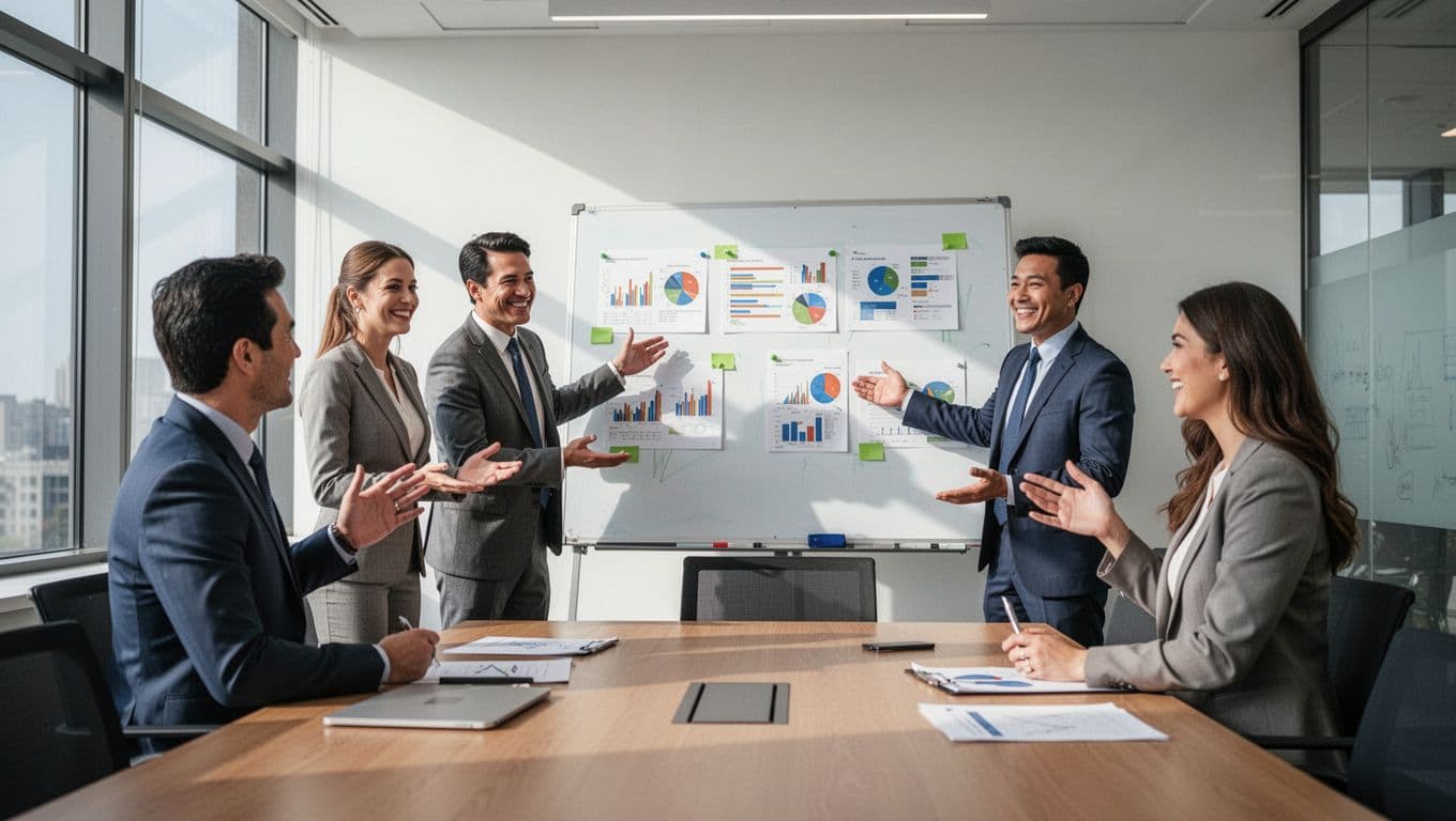 Modern illustration of four finance professionals in a conference room debrief meeting after a drill, positively discussing success metrics on a whiteboard with clean shapes and green accents under natural lighting.