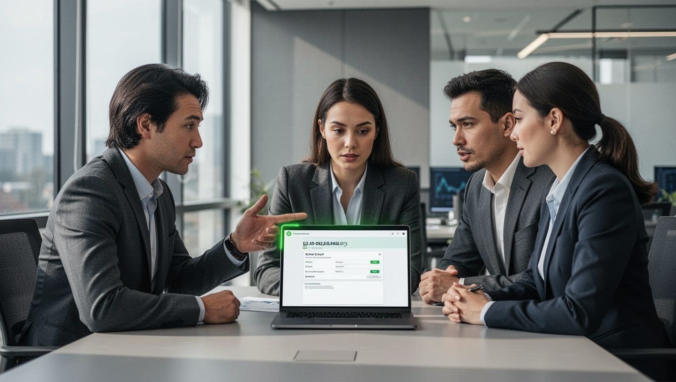Modern illustration of a small finance team of exactly three people in a modern office, gathered around a laptop displaying a suspicious invoice email, one person points to a bank detail change request on screen, clean shapes controlled colors strong composition, use #22C55E as accent on the pointer and highlights, natural office lighting, no text no watermarks no extra people no devices in hands, focused on group discussion.