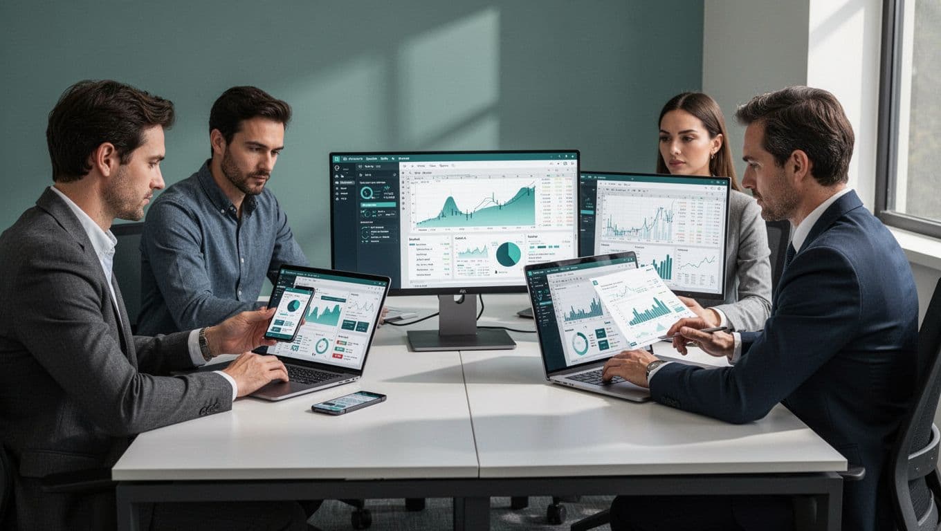 Modern illustration of a finance team in an office setting using unsanctioned SaaS apps on laptops and phones, including file sharing and AI spreadsheet analysis.