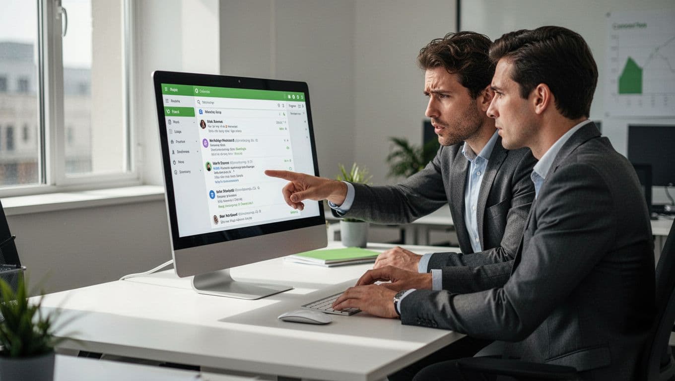 Modern illustration of a finance team in an office reviewing a suspicious BEC email on a computer screen together, with one person pointing and others looking concerned but focused.