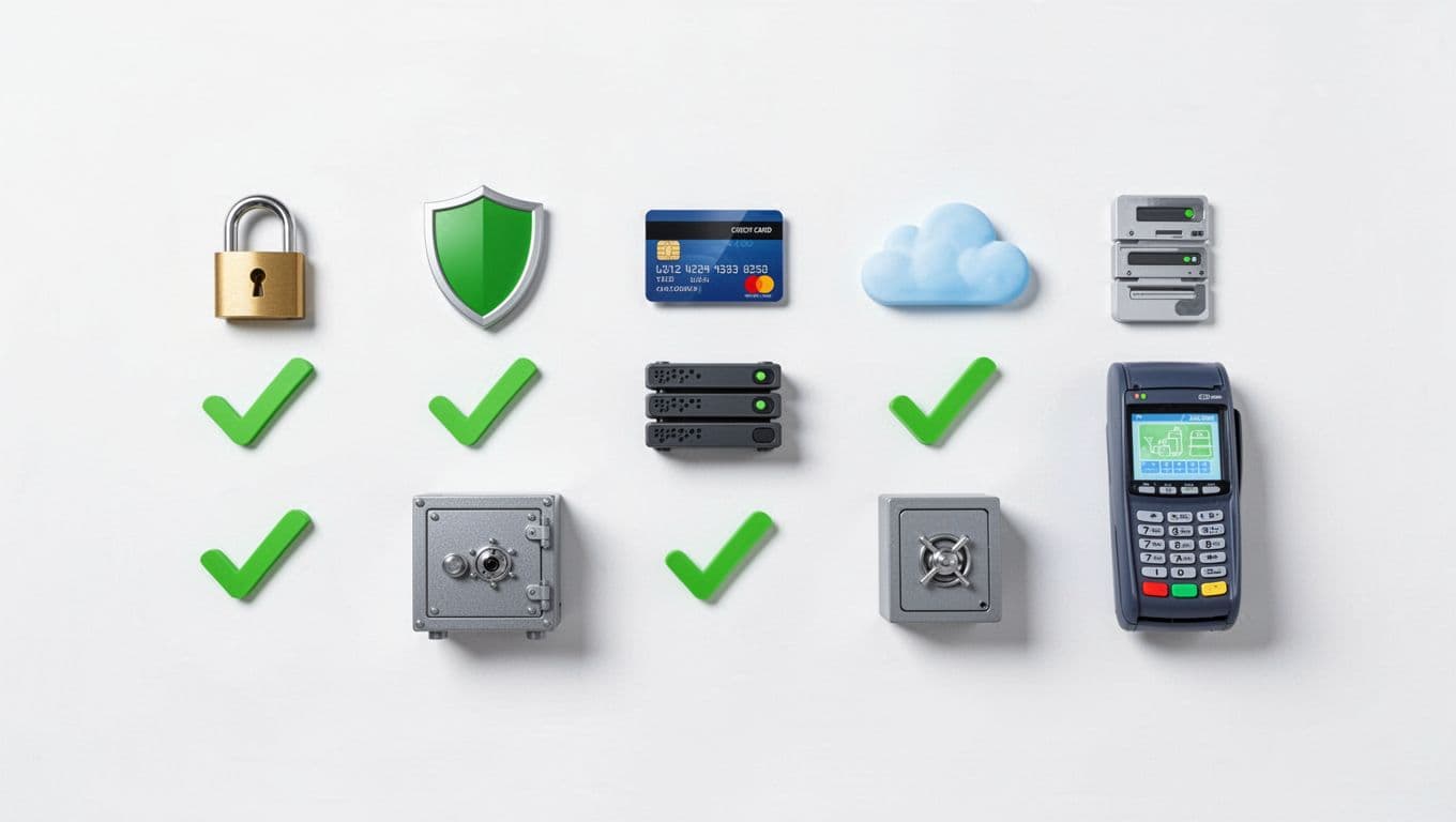 Modern illustration of a checklist document with green checkmarks beside icons representing financial cybersecurity elements like padlock, shield, credit card, cloud server, vault, and payment terminal, in a clean simple composition on white background.
