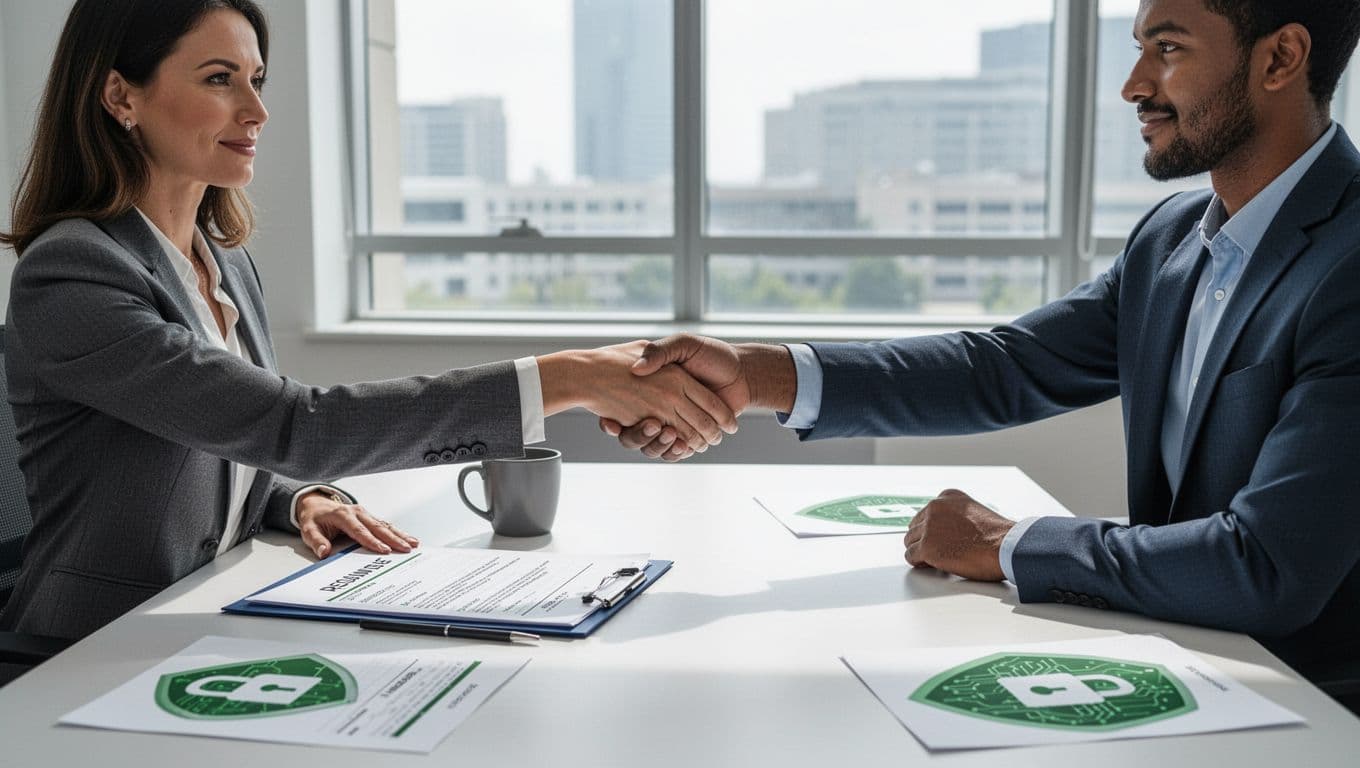 Modern illustration of a professional recruiter and cybersecurity candidate shaking hands over a desk in a bright office, featuring subtle finance security icons like locks and shields.