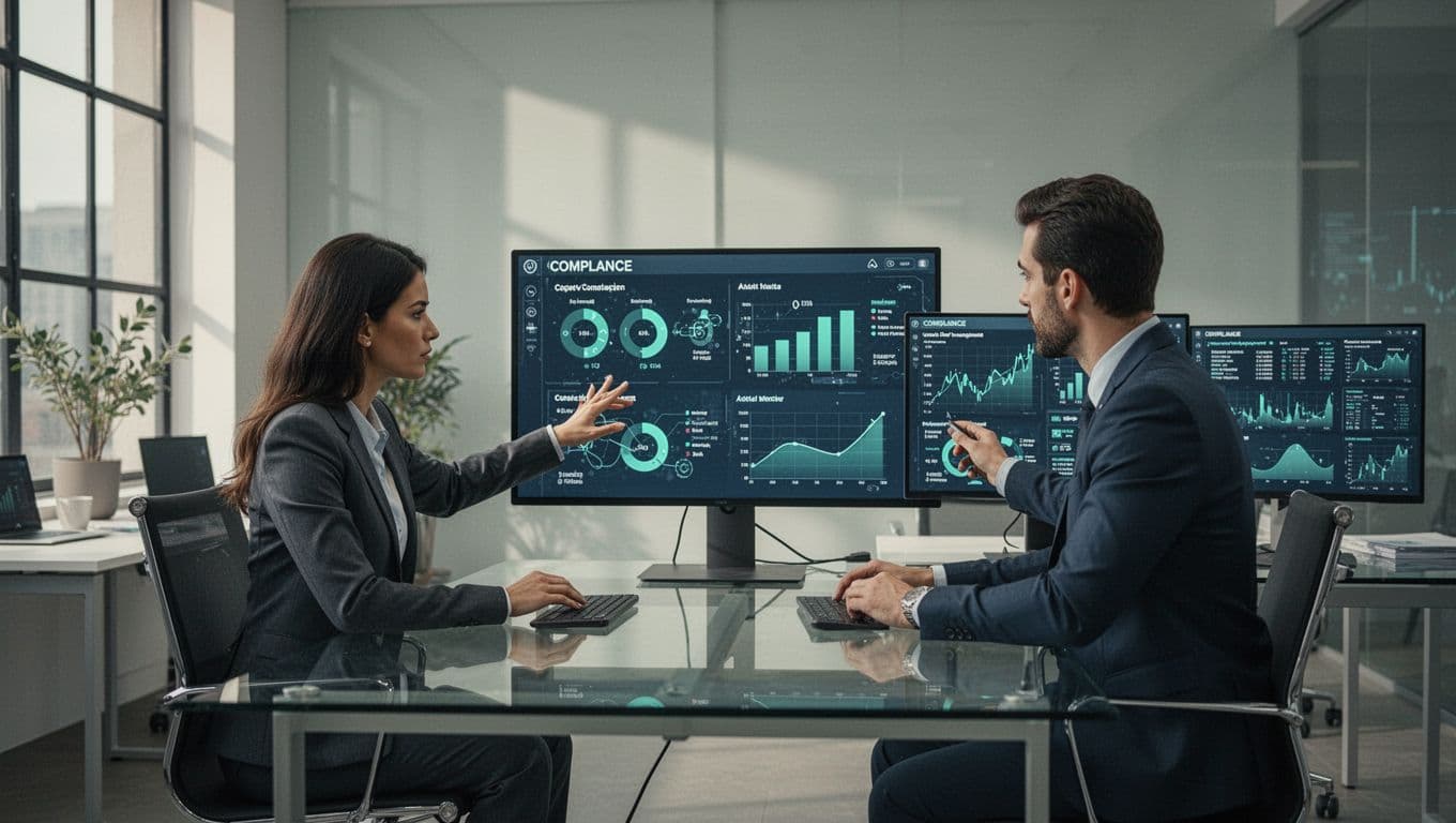Modern illustration of three cybersecurity professionals in a financial office collaborating on secure screens with compliance charts, featuring a central woman pointing, left man noting details, and right person monitoring, accented in green.