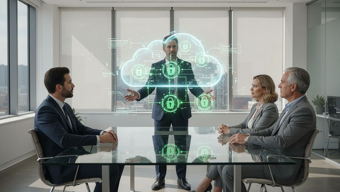 Modern illustration of a cloud security architect presenting a holographic cloud diagram showing secure zones and data flows to two executives in a contemporary office, securing fintech infrastructure with clean shapes and green accents.