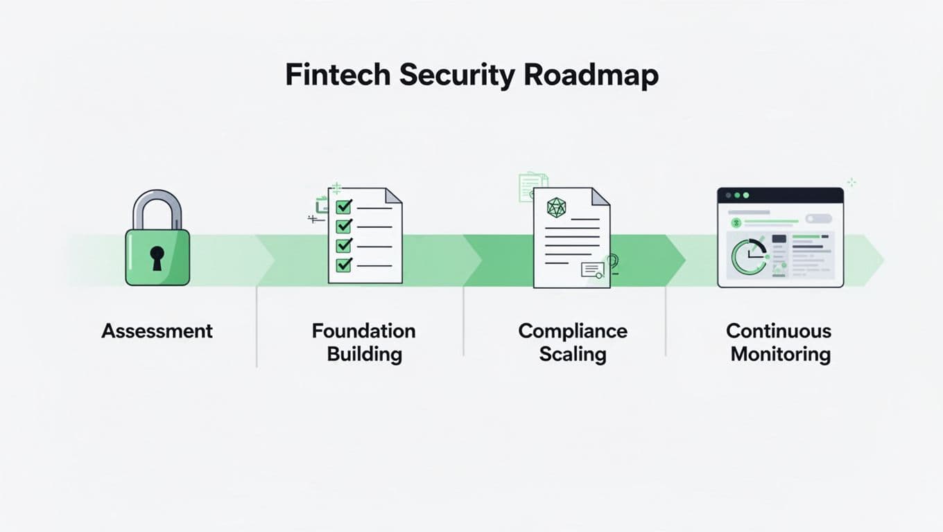 Horizontal timeline of four fintech security phases with lock, checklist, regulation, and dashboard icons in clean shapes and green accents.