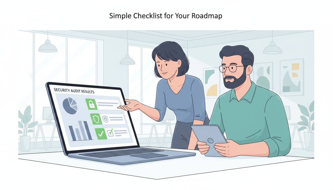 Two team members in modern office review security checklist on laptops, one pointing to screen with green-highlighted icons.