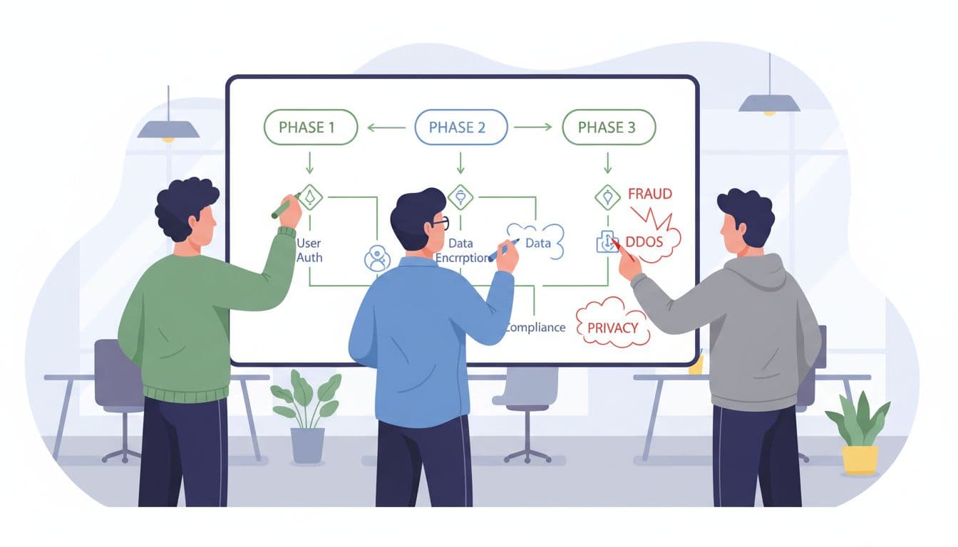 Three team members sketch phases, milestones, and risks on a whiteboard in an open office.
