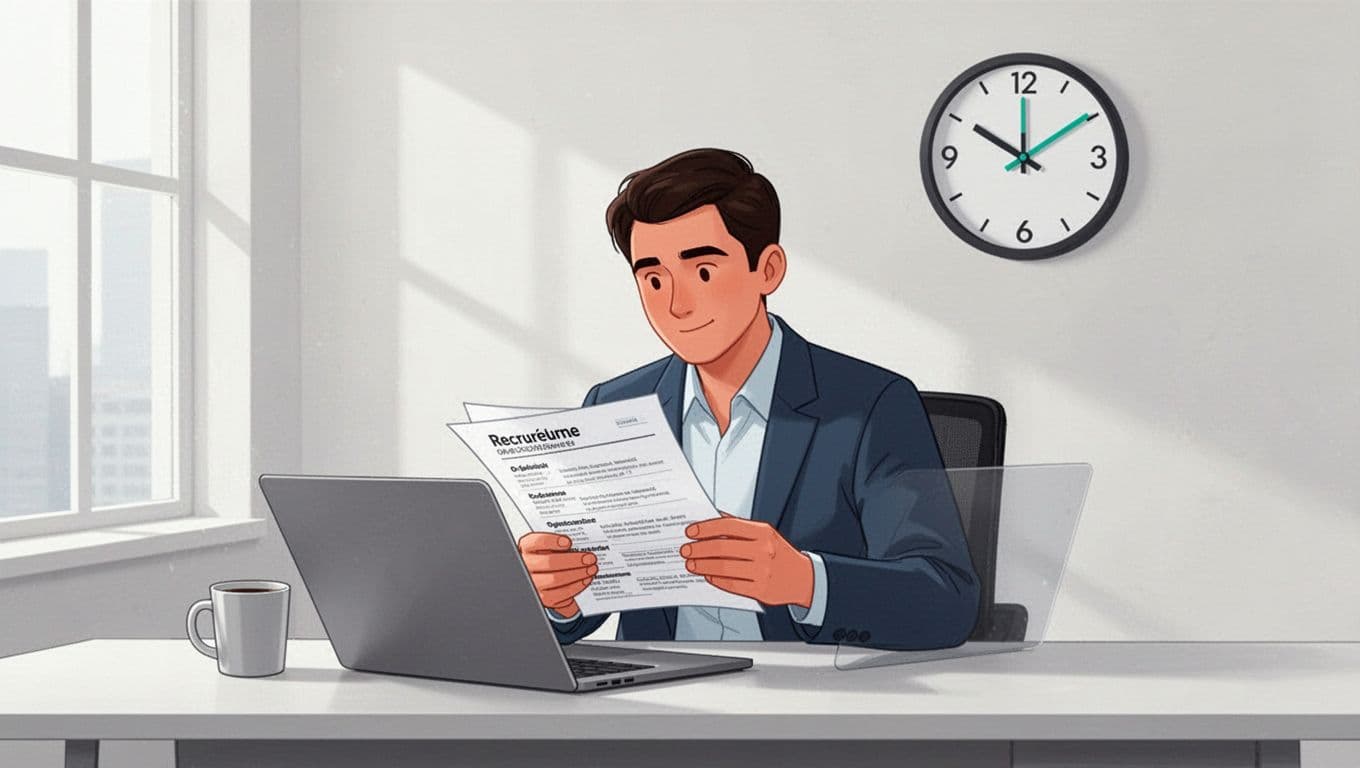 Modern illustration of a focused recruiter at a desk in a bright office, laptop open with resumes, large wall clock at 3 o'clock emphasizing urgency, and a coffee mug nearby.