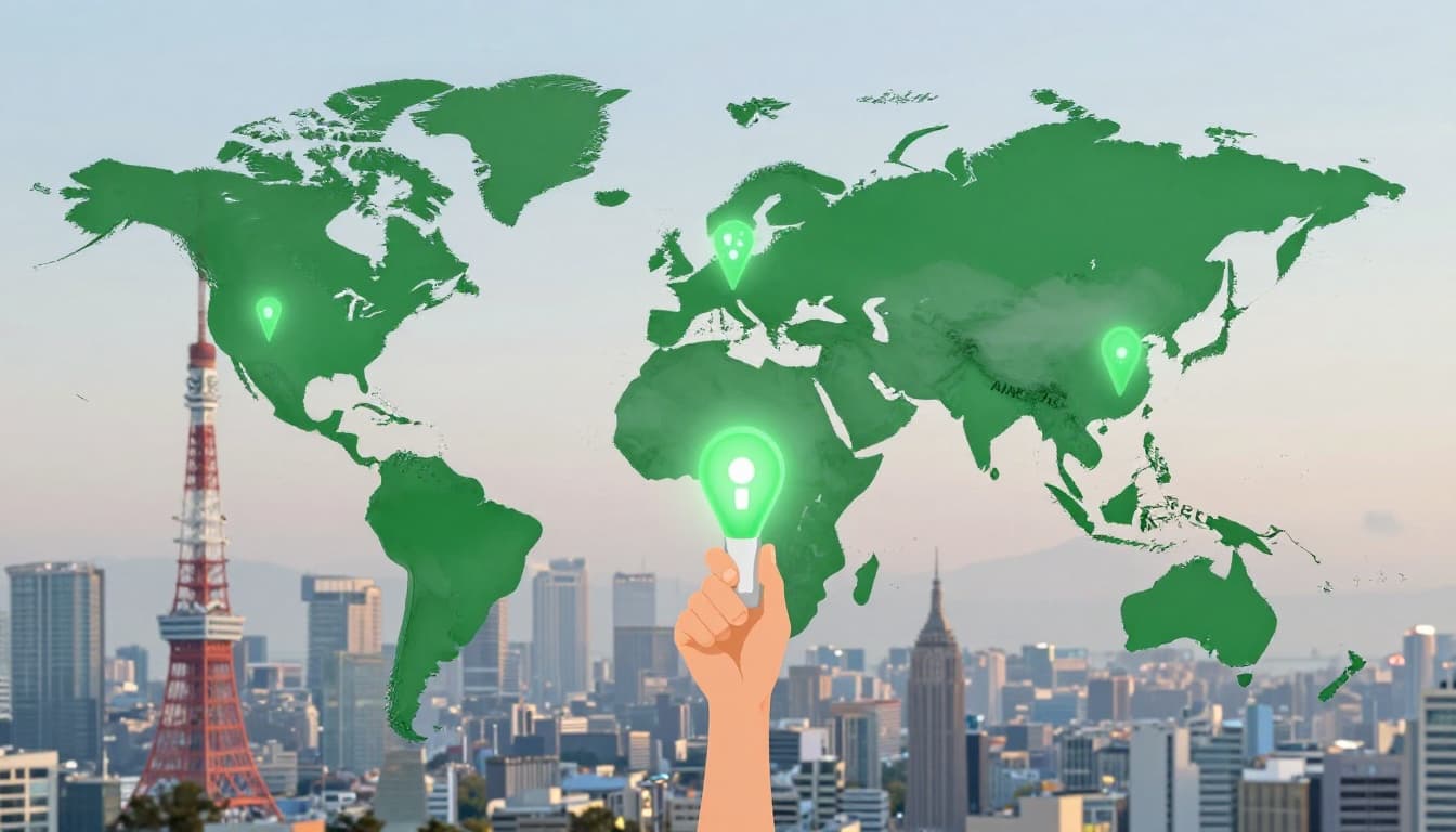 Curved world map shows three analysts in Tokyo, London, and New York passing a glowing green alert icon across time zones.