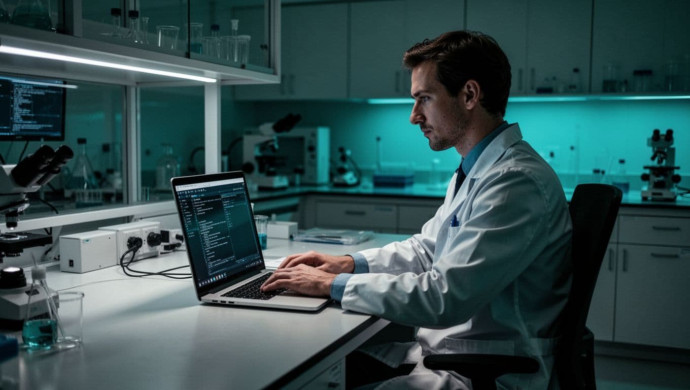 Modern illustration of a single forensic analyst with relaxed hands on a keyboard, reviewing digital evidence on a laptop in a lab setting. Clean shapes, controlled colors, strong composition, dim focused lighting, and green highlights on screens.
