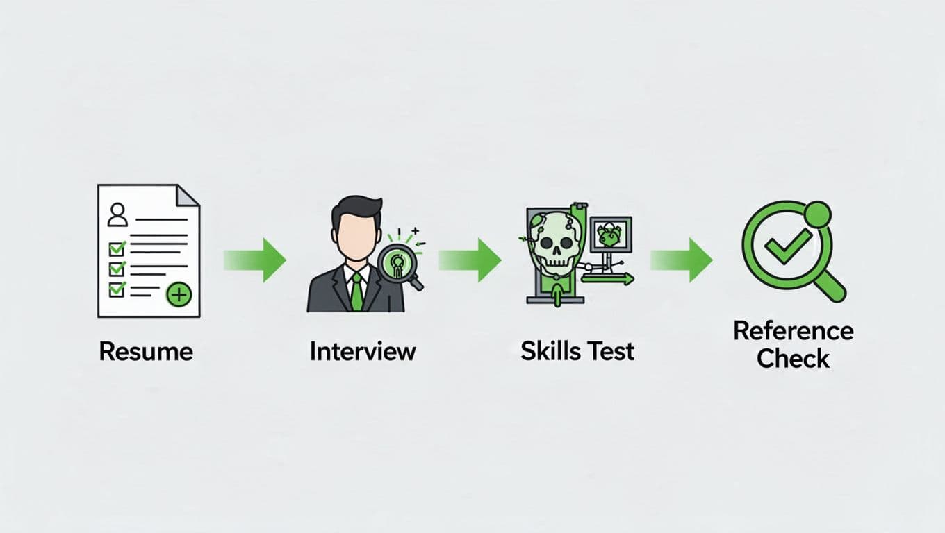 Four-step flowchart illustrates hiring process for forensic analyst with icons for resume review, interview, skills test, and reference check to contract, connected by green arrows.