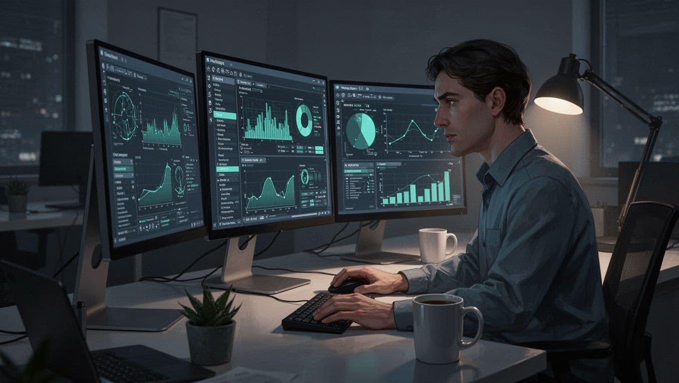 Forensic analyst in dimly lit office examines logs on dual monitors with focused expression, hand on mouse, coffee mug nearby.
