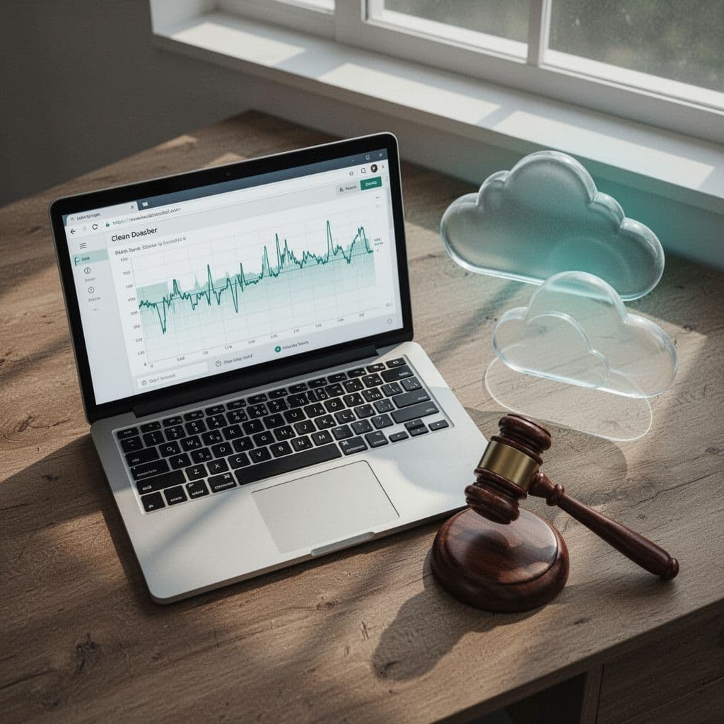 Top-down view shows forensic report on table, open laptop with timeline visualization, nearby gavel, and floating secure cloud icons.